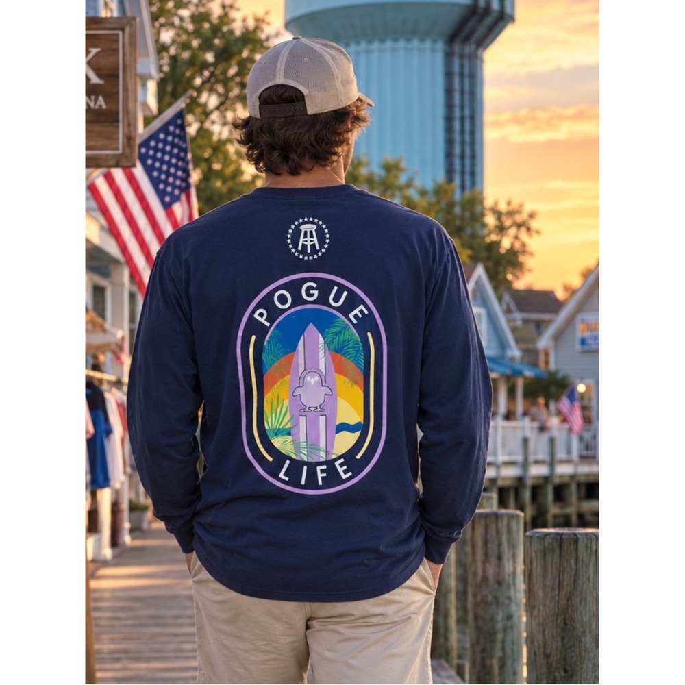 Barstool Sports OBX Pogue Life Comfort Colors Long Sleeve Pocket Tee Navy M